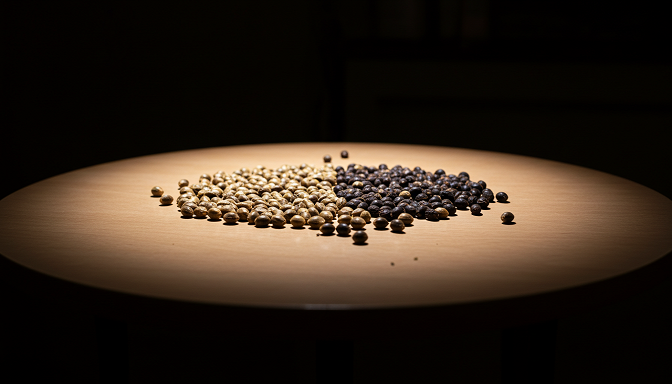 Grower holding black cannabis seeds in a greenhouse filled with healthy cannabis plants in different stages of growth.