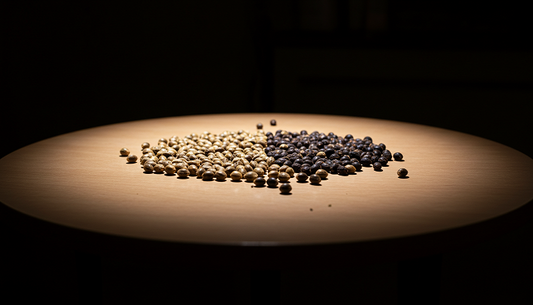 Grower holding black cannabis seeds in a greenhouse filled with healthy cannabis plants in different stages of growth.