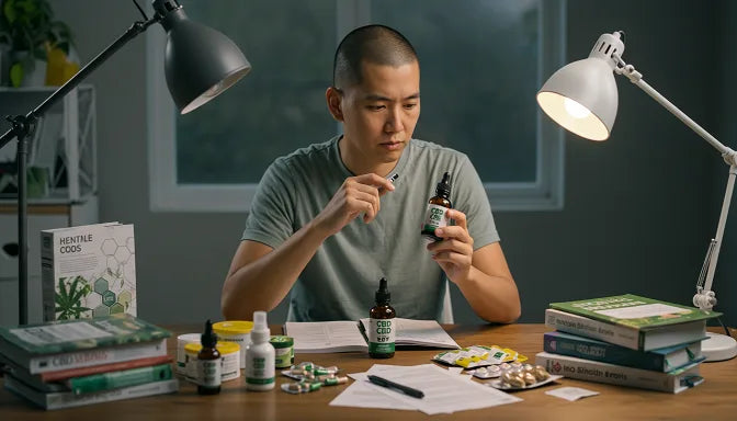 A person sitting at a desk, looking at a bottle of CBD oil, surrounded by CBD products, pondering the effects of CBD | Hurcann