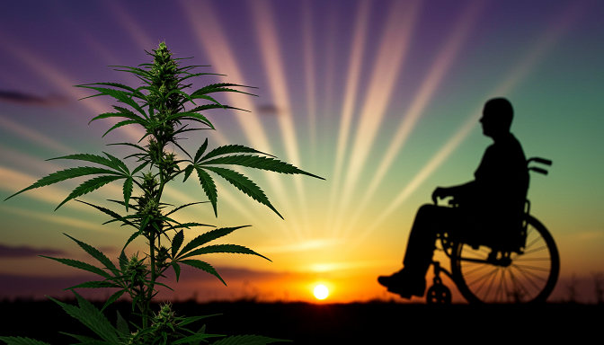 Cannabis plant with wheelchair silhouette in leaves, against a purple-green sunset sky with gold.
