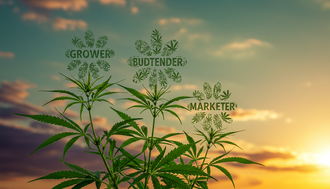 Cannabis plant with job titles as flowers, against a purple-green sunrise sky with golden rays.