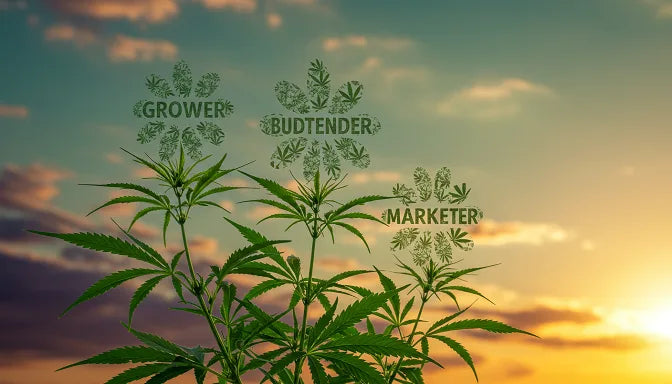 Cannabis plant with job titles as flowers, against a purple-green sunrise sky with golden rays | Hurcann