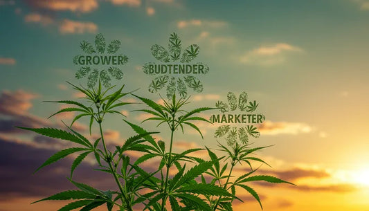 Cannabis plant with job titles as flowers, against a purple-green sunrise sky with golden rays | Hurcann
