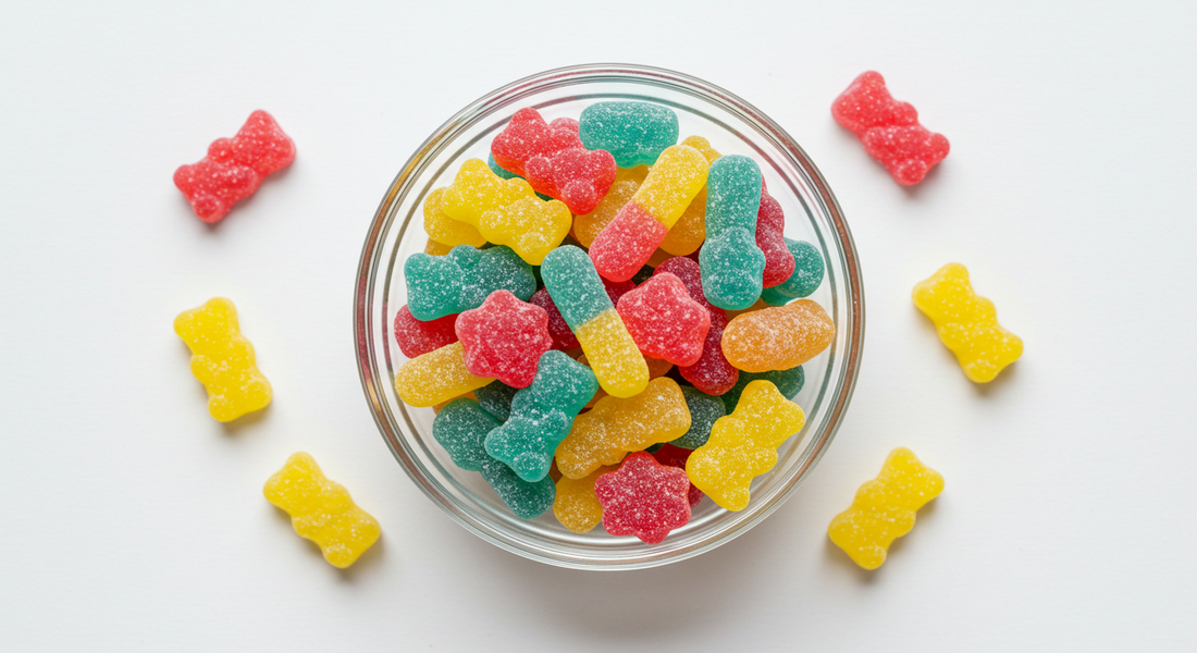 A bowl of colorful CBD isolate gummies on a white background, emphasizing their variety and appeal.