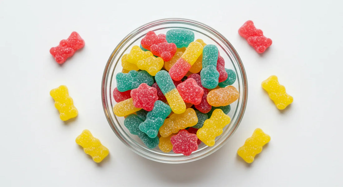 A bowl of colorful CBD isolate gummies on a white background, emphasizing their variety and appeal | Hurcann