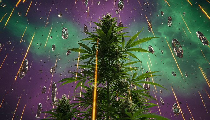 Cannabis plant with THC-O-Acetate shards falling, against psychedelic purple-green sky with golden streaks.