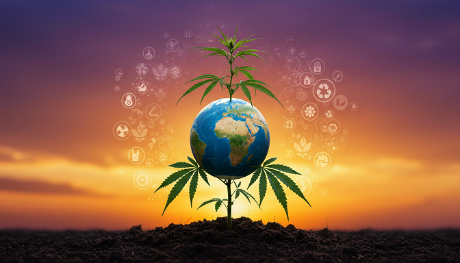 Cannabis plant with roots in soil and leaves holding globe, against purple-orange sky with eco-symbols.