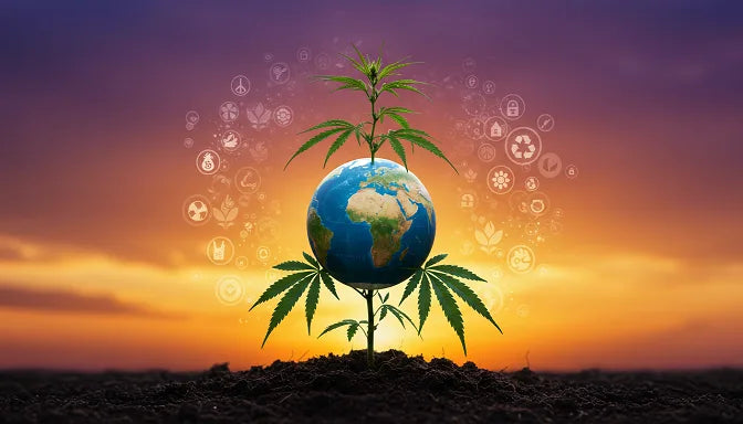 Cannabis plant with roots in soil and leaves holding globe, against purple-orange sky with eco-symbols | Hurcann