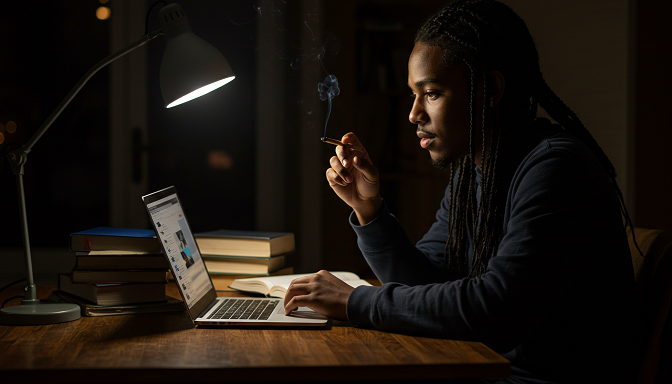 Student studying late at night with cannabis joint, reflecting on cannabis and learning