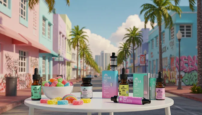A tropical Miami-inspired image featuring Delta-8 THC products like gummies, tinctures, and vapes, with the vibrant energy of the city in the background | Hurcann