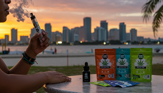 A person vaping Delta-8 THC on Miami Beach at sunset, with hemp products on a table and the city skyline in the distance.