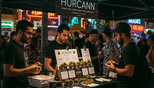 A Hurcann stall at a Miami market displaying CBD hemp flower, with customers examining buds, palm trees, and neon signs in the background.