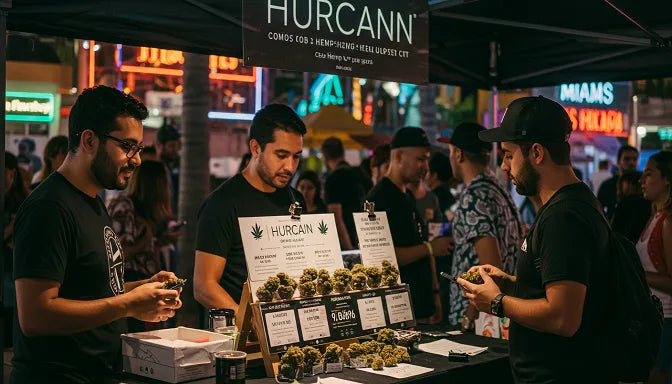 A Hurcann stall at a Miami market displaying CBD hemp flower, with customers examining buds, palm trees, and neon signs in the background.