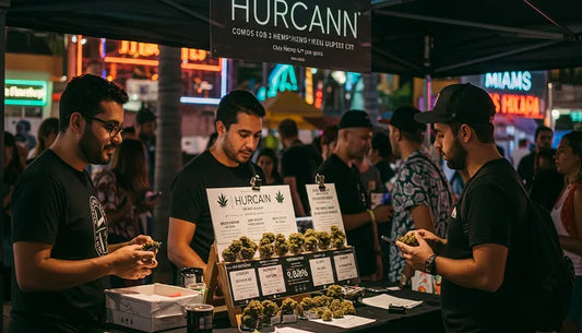 A Hurcann stall at a Miami market displaying CBD hemp flower, with customers examining buds, palm trees, and neon signs in the background.