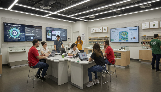 A cannabis business team strategizing social media marketing in a modern dispensary setting.