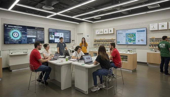 A cannabis business team strategizing social media marketing in a modern dispensary setting | Hurcann