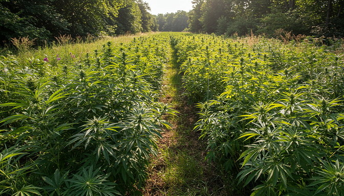 A thriving cannabis farm with Indica and Sativa plants growing under bright sunlight, set against a lush green backdrop.