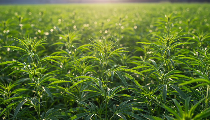 A thriving cannabis field with healthy green plants under bright sunlight.