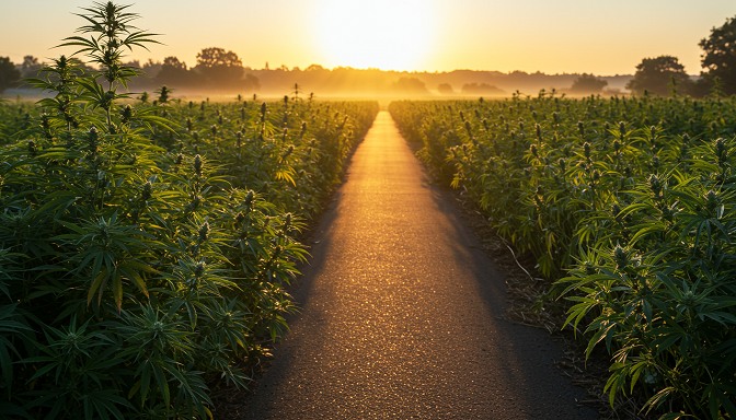 Cannabis garden at sunrise with blooming female plants and shadowed male plants, split by a golden horizon.