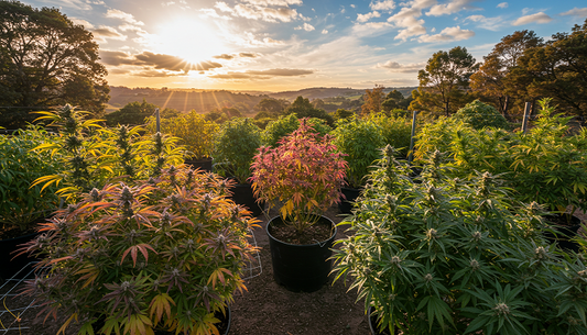 A thriving cannabis garden with both feminized and autoflowering plants growing under natural sunlight.