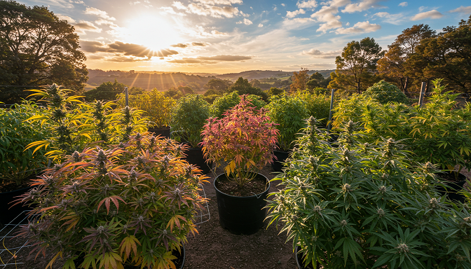 A thriving cannabis garden with both feminized and autoflowering plants growing under natural sunlight.