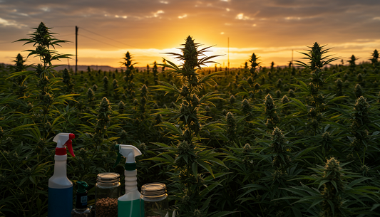 A lush cannabis garden at sunset with female plants, buds, seeds, and growing tools scattered throughout.