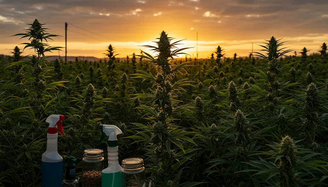A lush cannabis garden at sunset with female plants, buds, seeds, and growing tools scattered throughout | Hurcann