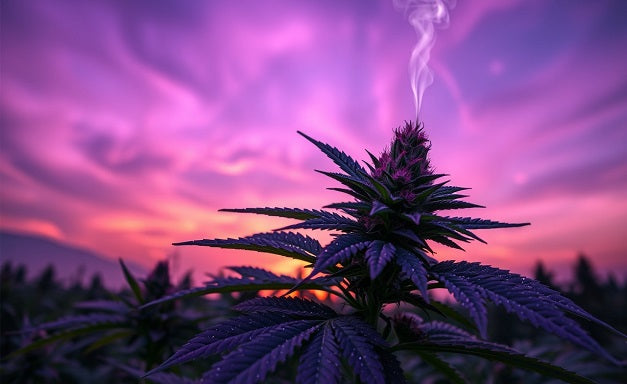 Cannabis plant with shadowy fan leaves and sparkling sugar leaves, against a purple-green sunset sky with smoke.