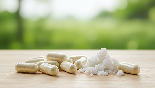High-quality image of CBD isolate capsules and their crystalline powder form, symbolizing purity and the benefits of CBD isolate.