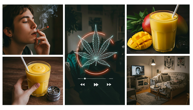 A collage of a joint, mango smoothie, grinder, and cozy setup with a playlist, centered around a glowing cannabis leaf.