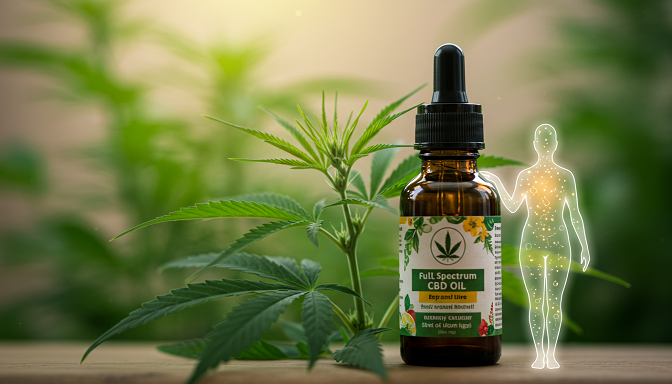 A full-spectrum CBD oil bottle in front of a cannabis plant and glowing human silhouette, uniting nature and health benefits.