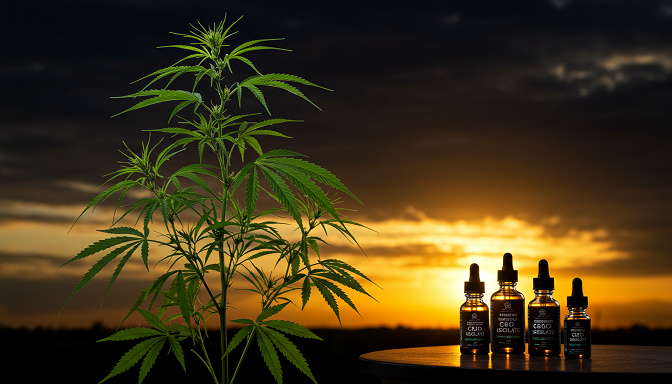 Hemp plant with crystalline CBN isolate shard, against a purple-orange sunset sky with golden streaks.