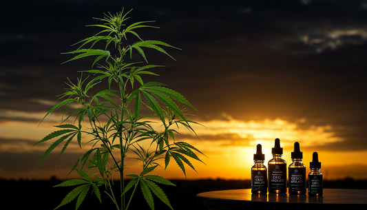 Hemp plant with crystalline CBN isolate shard, against a purple-orange sunset sky with golden streaks.