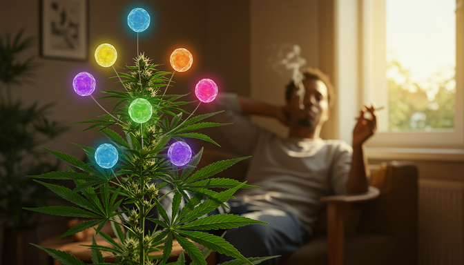 Hemp plant with five glowing benefit orbs, against purple-green sunset sky with golden rays.