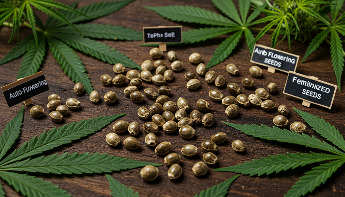 Different types of cannabis seeds labeled as auto-flowering and feminized, placed on a wooden surface with fresh cannabis leaves.