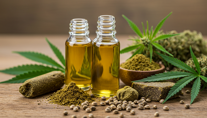 A collection of hemp and cannabis products, including CBD oil, hemp seeds, kief, hash, and hemp leaves, displayed on a rustic wooden table.