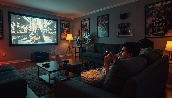 A person on a couch with a joint and popcorn, watching a psychedelic movie montage on the wall.