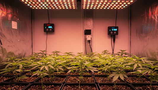 Indoor marijuana seedlings growing under LED lights in a controlled environment.