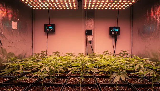 Indoor marijuana seedlings growing under LED lights in a controlled environment | Hurcann