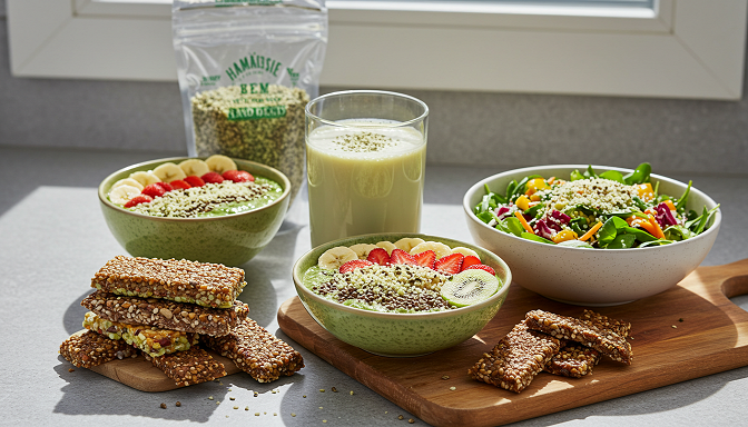 A colorful kitchen spread of cannabis seed-based foods, including a smoothie bowl, hemp milk, salad, and energy bars.