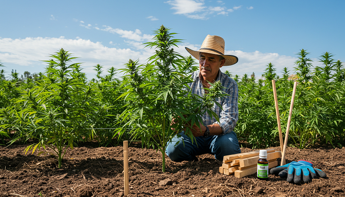 A farmer in a cannabis garden inspecting soil with neem oil and stakes under bright sun.