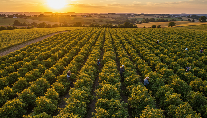 , surrounded by rolling hills and a warm sunset sky casting a glow over the scene. Alt Text: Overhead view of workers harvesting hemp in a golden field, surrounded by hills under a warm sunset sky.