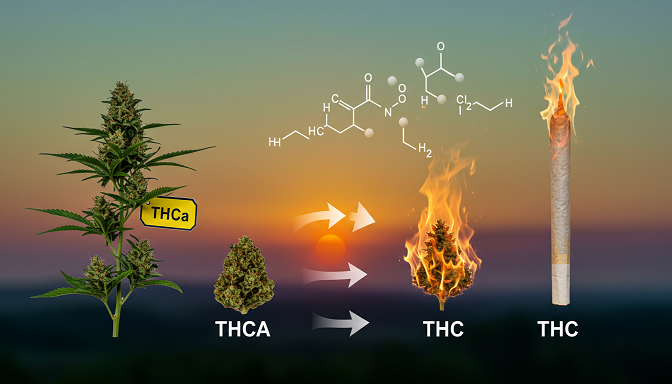 Cannabis plant transitioning from a raw THCa bud to a THC joint, with a glowing molecular structure against a purple-green sunset sky.