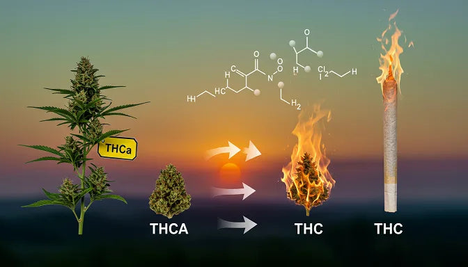 Cannabis plant transitioning from a raw THCa bud to a THC joint, with a glowing molecular structure against a purple-green sunset sky | Hurcann