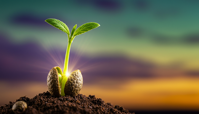 Cannabis seed with a radiant green sprout against a purple-green dawn sky and golden horizon.