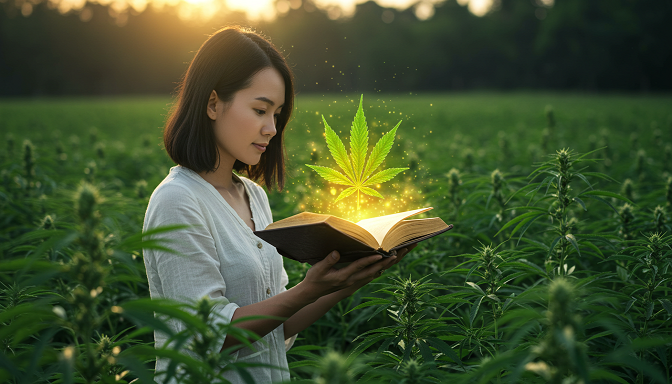 Person in a cannabis field holding a book with a glowing cannabis leaf, under a golden sunrise sky with radiant beams.