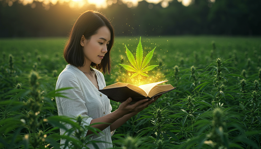 Person in a cannabis field holding a book with a glowing cannabis leaf, under a golden sunrise sky with radiant beams.