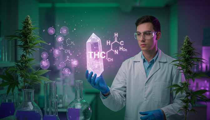 Scientist holding a glowing THCa crystal in a lab, with cannabis plants and a molecular structure against a purple-green backdrop.