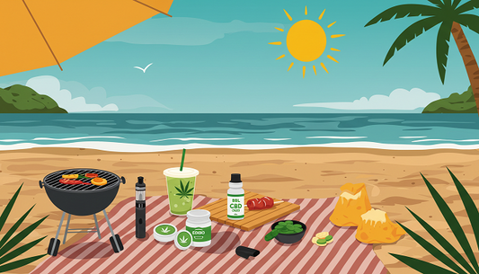 A person on a beach blanket with a CBD drink, edibles, vape pen, and BBQ grill in summer.