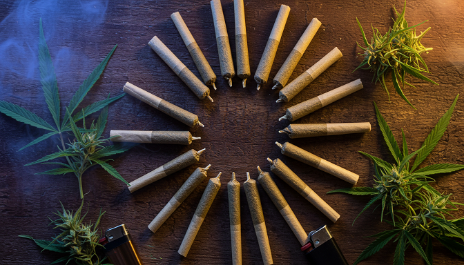 A colorful array of pre-rolls on a wooden surface, encircled by cannabis leaves and a lighter, with faint smoke swirling.